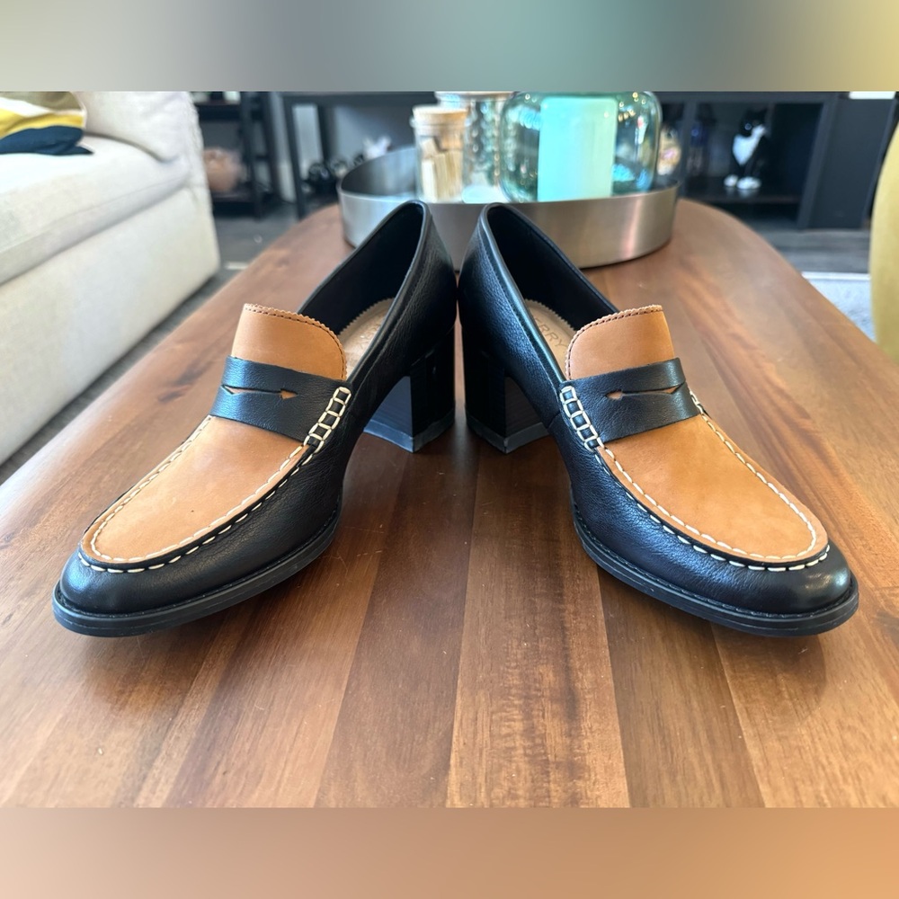Sperry Black and Tan Leather Heeled Loafers - Picture 4 of 7